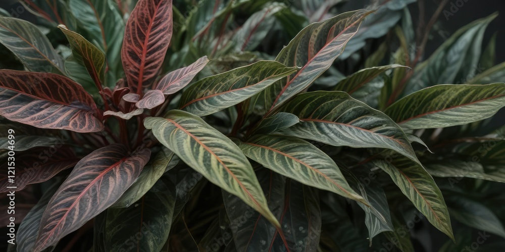 Obraz premium Detailed image of the leaves of an Aglonema Big Roy plant with intricate veins, aglonema big roy, indoor plants,