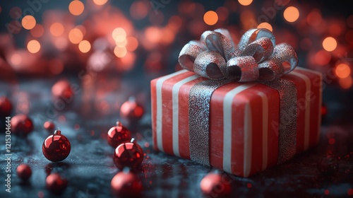 Gift box tied with ribbon and bow on shiny background.