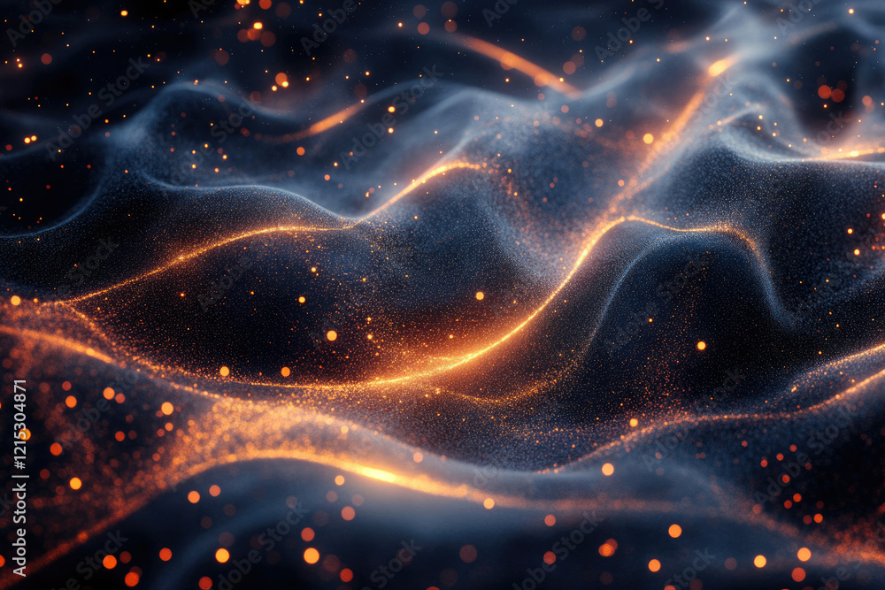 Abstract dark background with glowing orange particles forming wavy shapes. Abstract dark background with glowing orange particles forming wavy shapes.