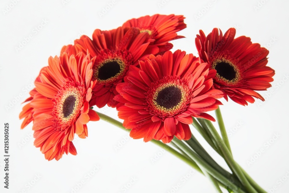 Vibrant red daisies elegantly arranged with sharp details highlighting their textures and colors against a minimalist white backdrop Vibrant red daisies elegantly arranged with sharp details highlighting their textures and colors against a minimalist white backdrop
