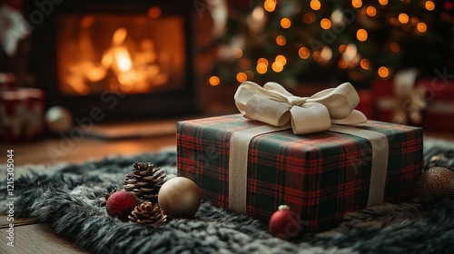 Gift box tied with ribbon and bow against fireplace background.