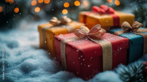 Gift boxes in different colors tied with a ribbon and bow.