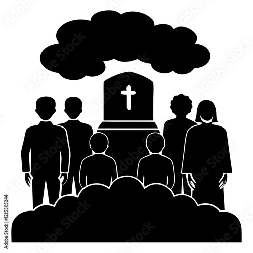 Silhouette of mourners at a grave with a tombstone and clouds for funeral and memorial concepts