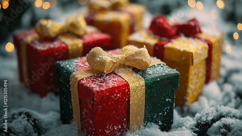 Gift boxes in different colors tied with a ribbon and bow.