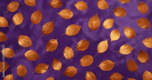 Dried orange metallic leaves scattered on a velvety purple background, nature photography, fall foliage, landscape photography