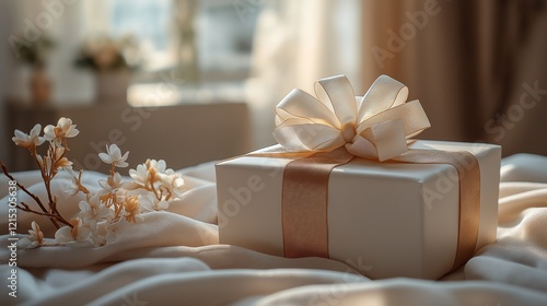 Pastel beige gift box tied with a ribbon and bow.