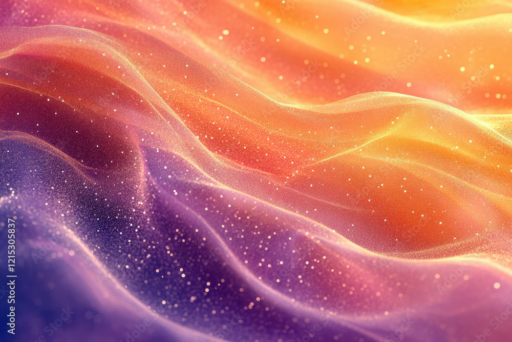 Fototapeta premium Abstract artwork depicting glittering, flowing fabric in warm, sunset-like hues.