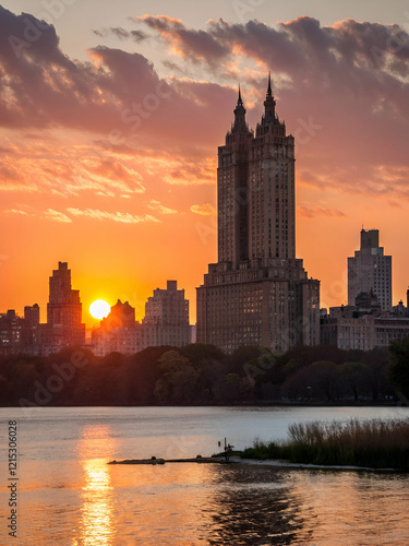 A stunning sunset over a city skyline, featuring tall buildings reflected in the water, creating a serene and picturesque urban scene.