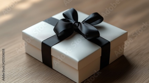 White gift box tied with black ribbon and a bow.