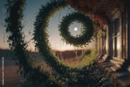 Enigmatic spiral of verdant vines entwines an old house at sunset, creating a mystical scene. photo