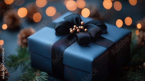 Blue gift box tied with a ribbon and a bow.