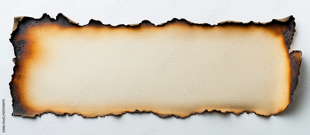 Burned parchment paper, white background, blank space, design element Burned parchment paper, white background, blank space, design element