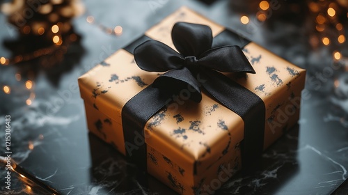 Gold gift box tied with black ribbon and a bow.