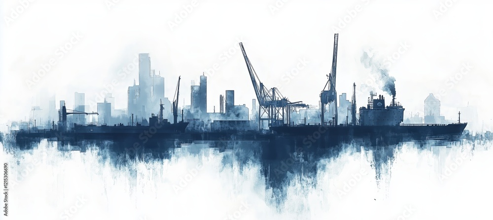 Naklejka premium Harbor skyline at dusk with silhouetted ships and cranes in a coastal city