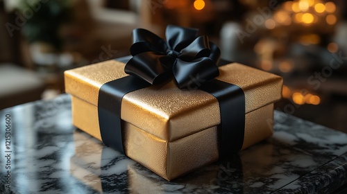 Gold gift box tied with black ribbon and a bow.
