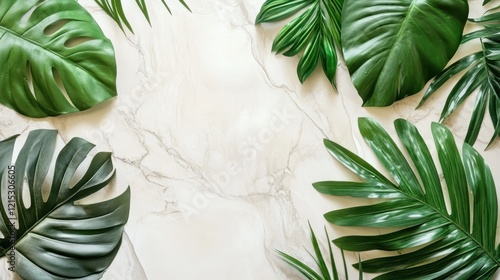 Tropical monstera leaves, lush green foliage, white textured background, minimalist composition, botanical arrangement, flat lay photography, vibrant plant life, natural light, organic shapes, contras