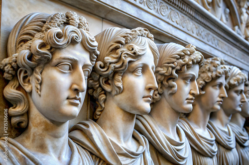 A row of intricately carved marble heads, showcasing classical artistry and Greek heritage, with detailed expressions and elegant hairstyles.