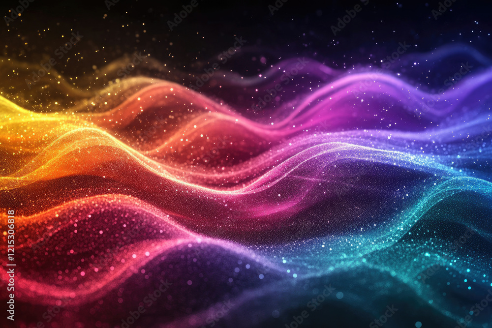 Abstract colorful particle waves flowing, vibrant hues creating a dynamic and mesmerizing visual. Abstract colorful particle waves flowing, vibrant hues creating a dynamic and mesmerizing visual.