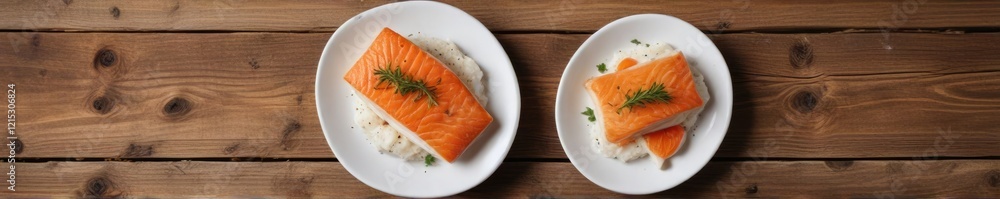 Elegant filet of white fish baked in a white ceramic form on a rustic wooden background, white tablecloth, kitchen utensils Elegant filet of white fish baked in a white ceramic form on a rustic wooden background, white tablecloth, kitchen utensils
