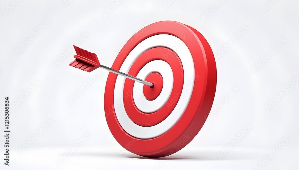 Red arrow aim to business target goal hit success center accuracy competition symbol or strategy dartboard and winner bullseye archery isolated on white 3d background icon with marketing achievement Red arrow aim to business target goal hit success center accuracy competition symbol or strategy dartboard and winner bullseye archery isolated on white 3d background icon with marketing achievement