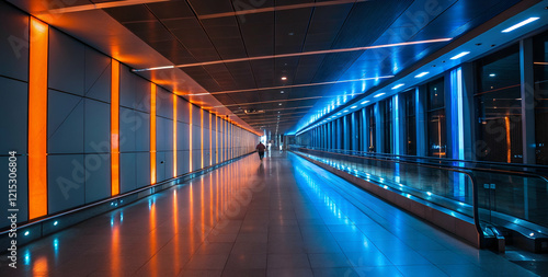 A modern corridor illuminated with vibrant blue and orange lights, creating a striking and futuristic atmosphere.