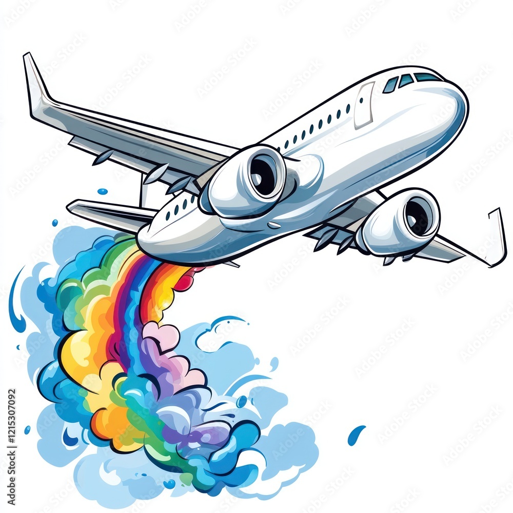 Fototapeta premium Cartoon airplane emitting rainbow exhaust.