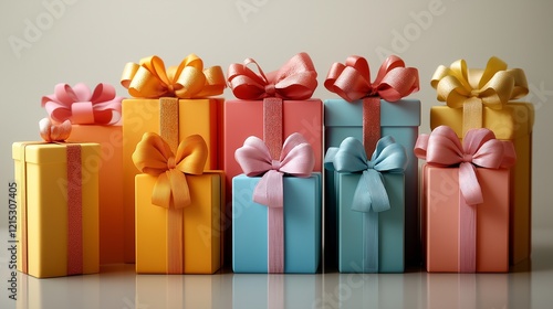 Different colors gift boxes tied with a ribbon and bow.