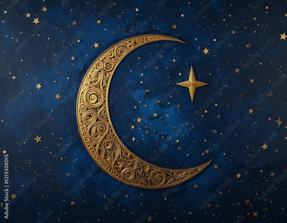 Ornate Golden Crescent Moon and Star: A Celestial Night Design Ornate Golden Crescent Moon and Star: A Celestial Night Design