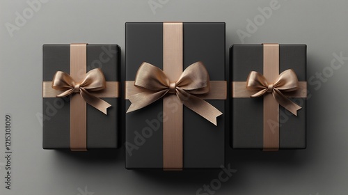 Black gift box tied with gold ribbon and a bow.