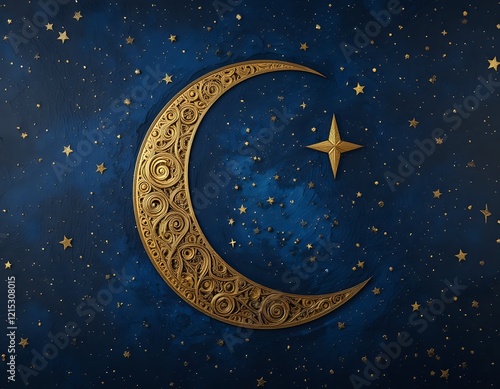 Ornate Golden Crescent Moon and Star: A Celestial Night Design