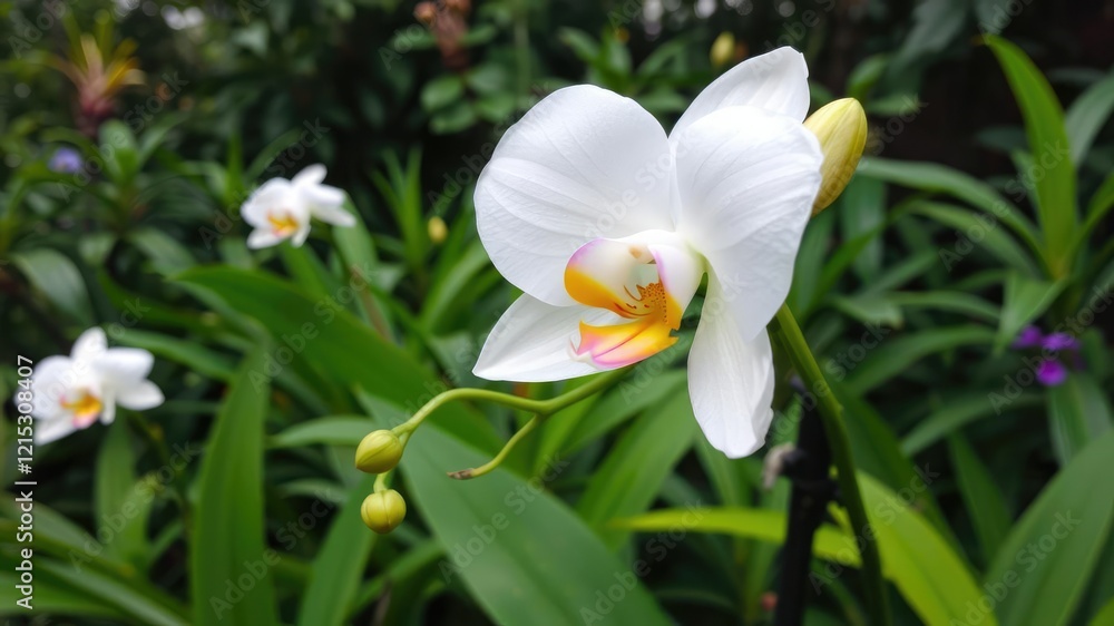Exotic white orchid bloom in a lush green garden, botanical, peaceful, greenery Exotic white orchid bloom in a lush green garden, botanical, peaceful, greenery