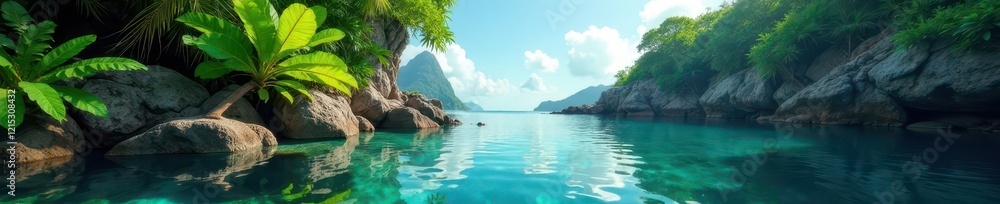 Exotic leaves and branches on a rocky outcropping in tropical waters, sea, solitude Exotic leaves and branches on a rocky outcropping in tropical waters, sea, solitude