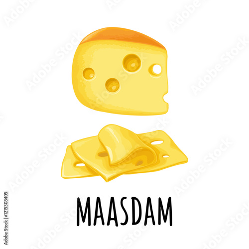 Pieces of cheese maasdam. Vector color icon isolated on white background.