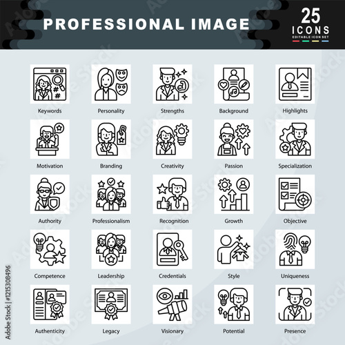 Professional Image icon set containing Keywords, Personality, Strengths, Background, Highlights, Motivation, Branding, Creativity, Passion, Specialization, Authority icon. Simple line vector
