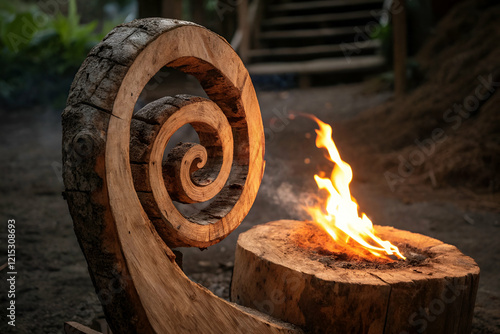 A rustic wooden chair with a spiral design beside a glowing campfire, creating a warm and inviting atmosphere in a natural setting. photo