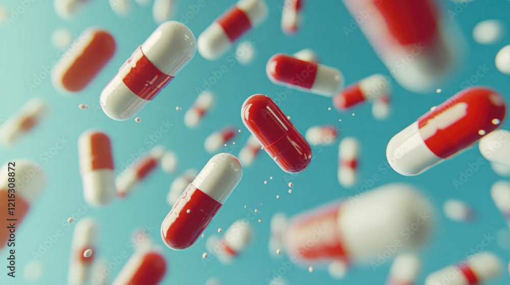 Several red and white medicine capsules are falling against a turquoise background, creating a dynamic visual suitable for pharmaceutical or healthcare related projects Several red and white medicine capsules are falling against a turquoise background, creating a dynamic visual suitable for pharmaceutical or healthcare related projects
