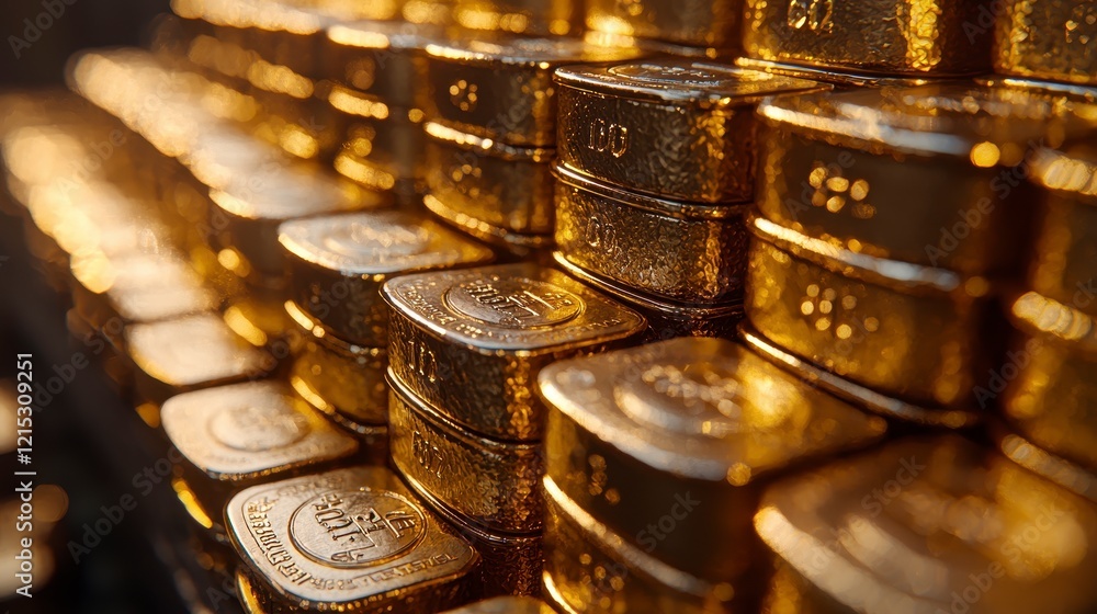 Stacked gold bars, close-up view, reflecting light. Stacked gold bars, close-up view, reflecting light.