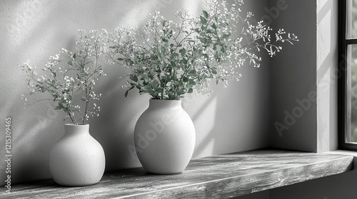 White speckled vases hold delicate white flowers on a wooden shelf photo