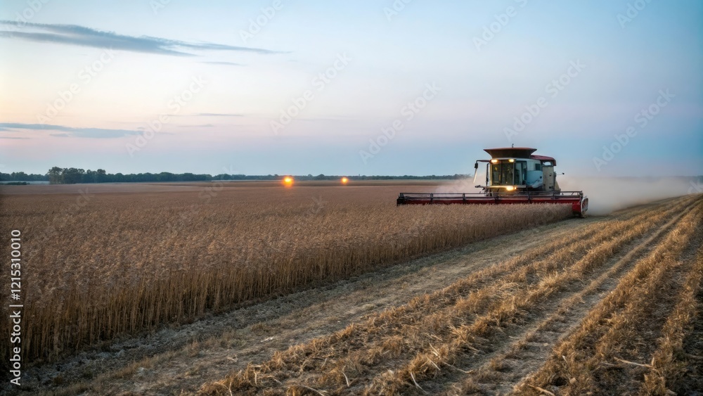 Fototapeta premium Combine harvester working in a soybean field during early morning hours, rural landscape, green fields