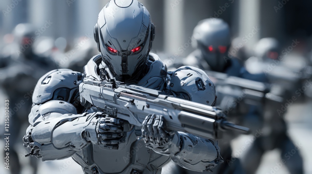 Fototapeta premium Futuristic armored figures holding guns on patrol with red eyes reflecting danger