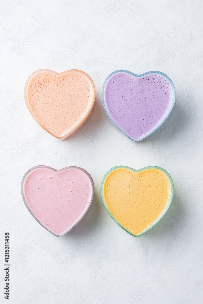 Fototapeta premium Colorful heart smoothies beautifully shaped in vibrant hues for a health-focused celebration of taste and wellness