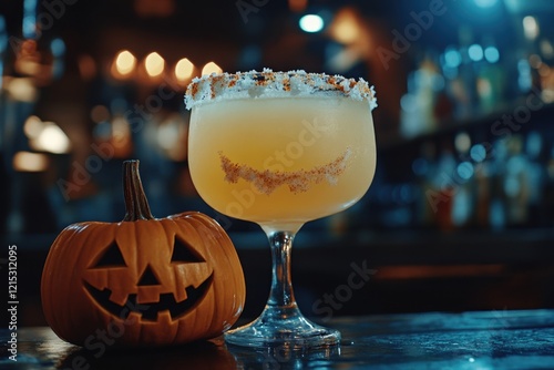 A tasty margarita paired with a Halloween pumpkin in a cocktail promotion for restaurant advertising photo