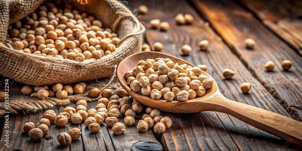 Obraz premium Rustic Still Life: Chickpeas, Wooden Spoons & Hemp Pockets