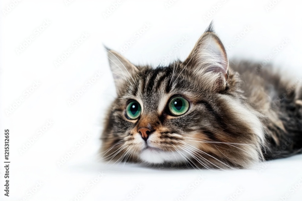 Sleek and curious feline with vibrant green eyes in a serene studio setting against a clean white background Sleek and curious feline with vibrant green eyes in a serene studio setting against a clean white background