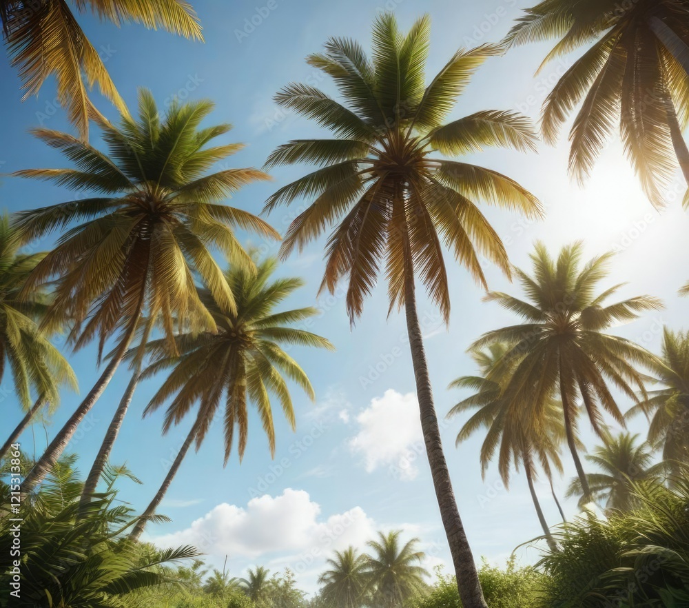 Coconut trees swaying in the wind on a sunny day, greenery, palm tree, coconut tree Coconut trees swaying in the wind on a sunny day, greenery, palm tree, coconut tree
