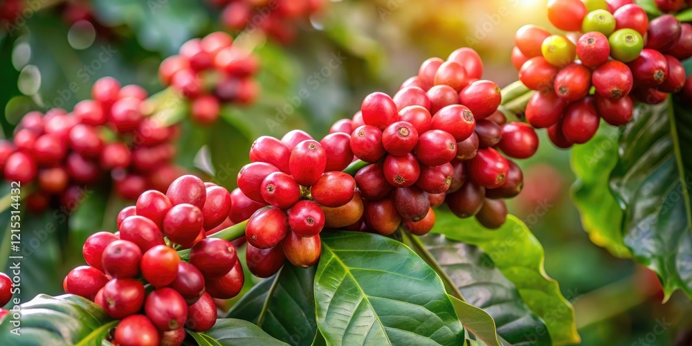 Fototapeta premium Coffee plant with bright red berries hanging from the branches, coffee plant, green leaves