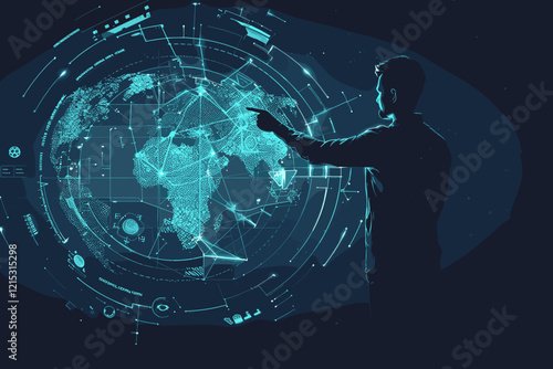 Businessman interacting with global network connection data, focusing on big data sorting, futuristic abstract elements, and technological innovation.