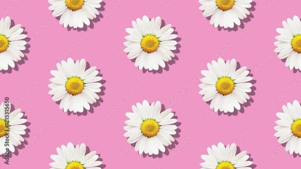 White daisies with yellow center on a pink background rotate clockwise, creating a seamless loop animation, ideal for backgrounds, presentations, or social media content White daisies with yellow center on a pink background rotate clockwise, creating a seamless loop animation, ideal for backgrounds, presentations, or social media content