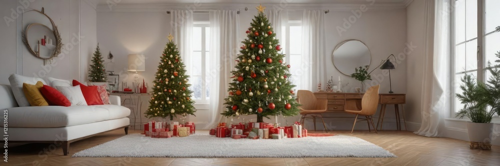 Decorative Christmas tree with ornaments in a bright living room , seasonal decor, home interior, winter decorations Decorative Christmas tree with ornaments in a bright living room , seasonal decor, home interior, winter decorations