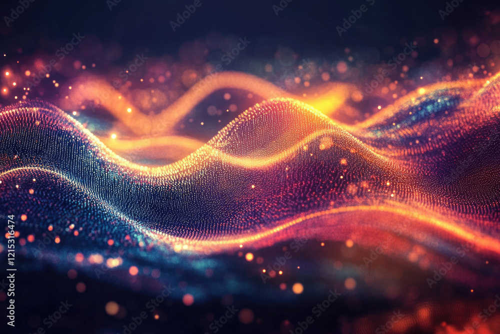 Obraz premium Abstract digital wave of glowing particles, vibrant colors and dynamic motion.